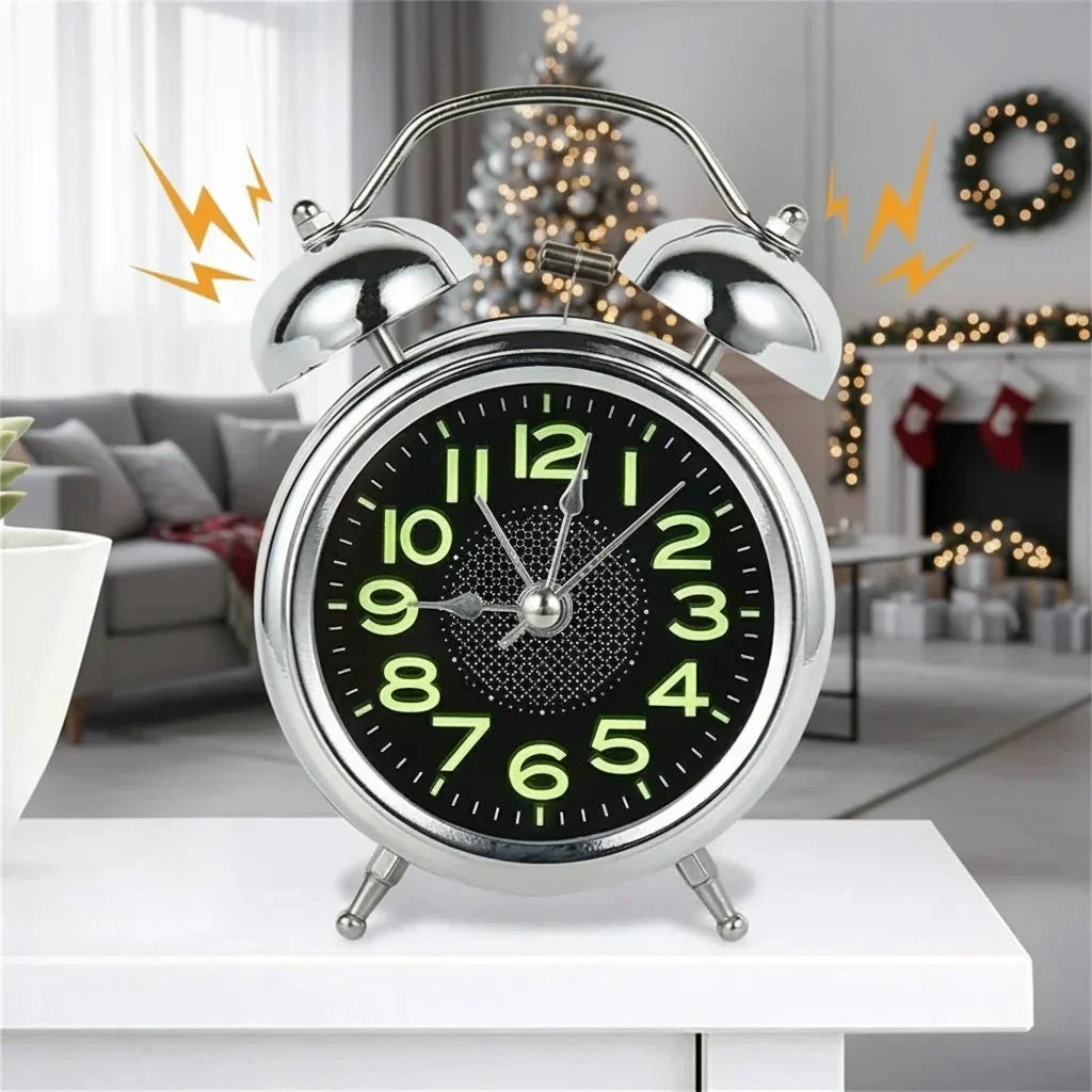 Loud Twin Bell Alarm Clock Retro Metal Analog Bedside Clock with Silent Non-Ticking Movement | Night Light and Luminous Dial for Heavy Sleepers