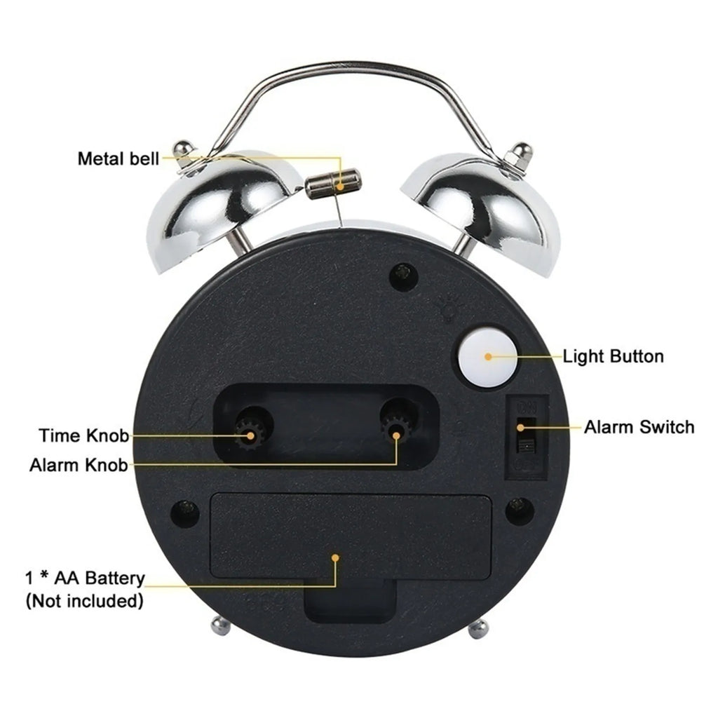 Loud Twin Bell Alarm Clock Retro Metal Analog Bedside Clock with Silent Non-Ticking Movement | Night Light and Luminous Dial for Heavy Sleepers