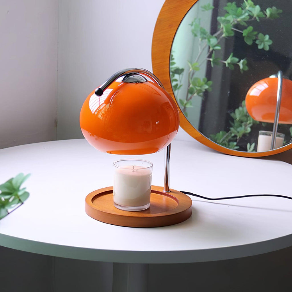 Arched Candle Warmer Table Lamp With Glass Shade And Wooden Tray Base