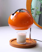 Arched Candle Warmer Table Lamp With Glass Shade And Wooden Tray Base