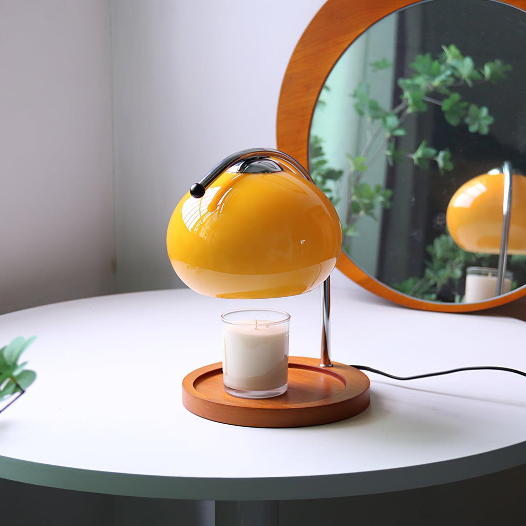 Arched Candle Warmer Table Lamp With Glass Shade And Wooden Tray Base
