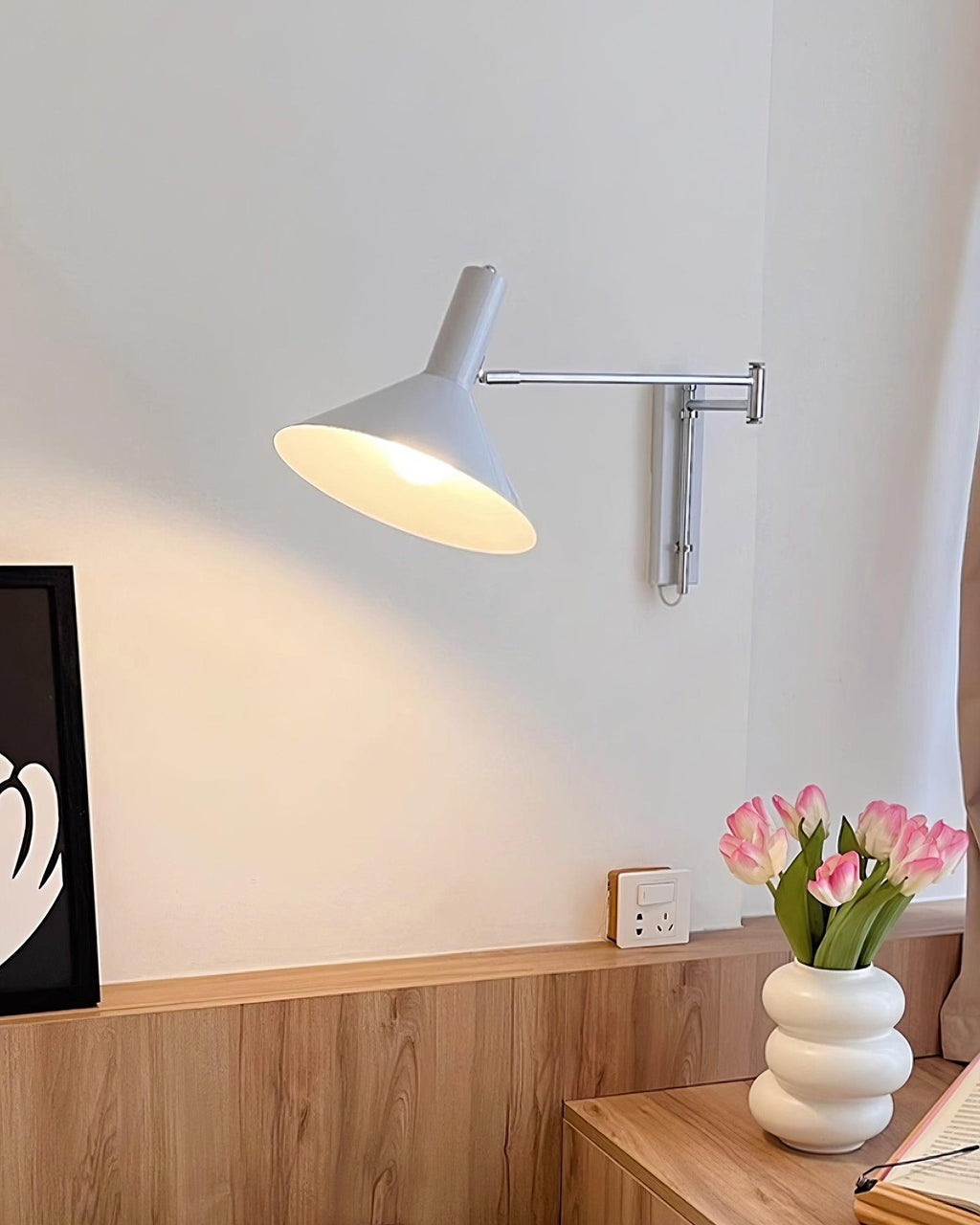 Adjustable Plug In Swing Arm Wall Sconce With Cone Shade
