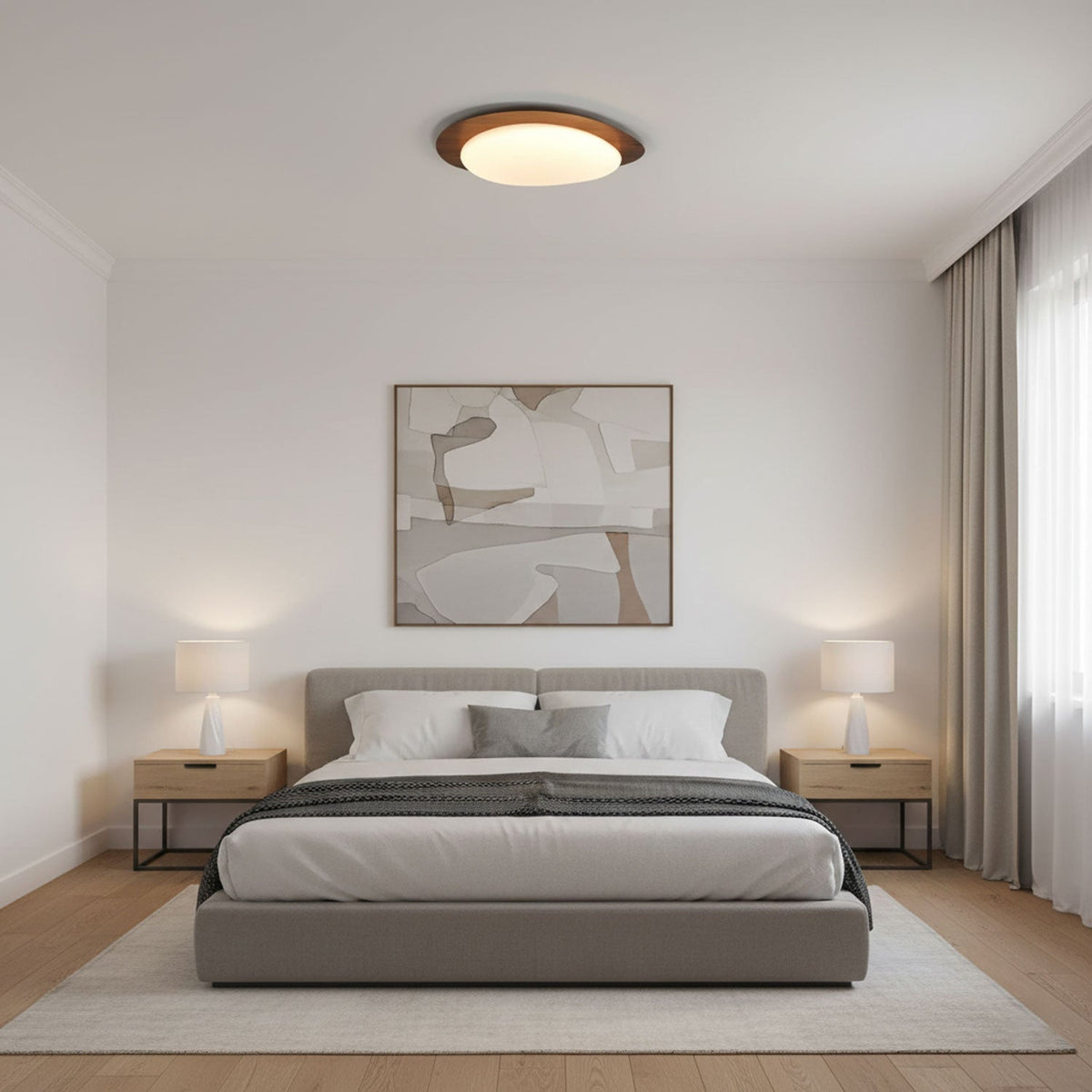 Pebble Round Flush Mount Ceiling Light With Wood-Trim Rim