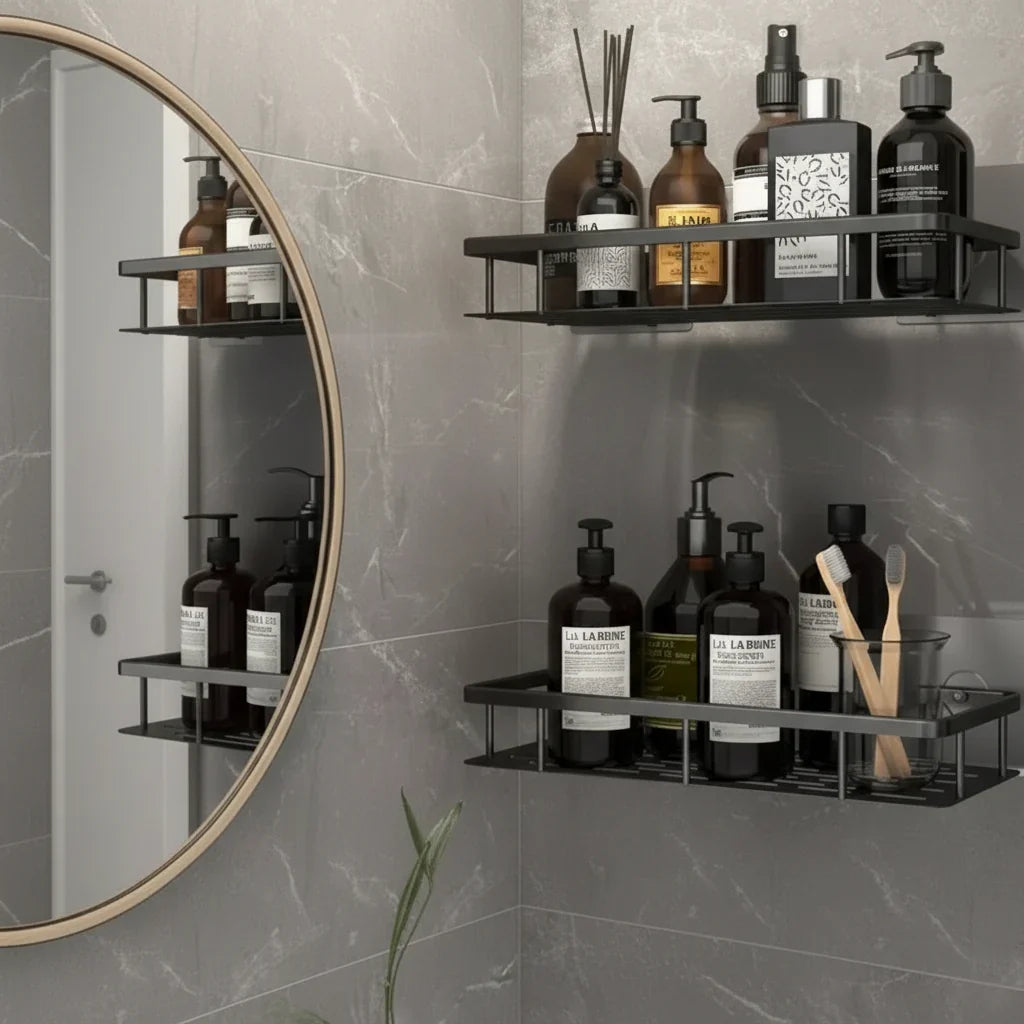 Adhesive Bathroom Shelf Drill-Free Shower Caddy Stainless Steel Wall Shelf Organizer for Shampoo and Toiletries