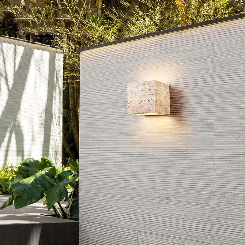 Minimalist Travertine Stone Outdoor LED Wall Sconce With Natural Cave Stone Shade