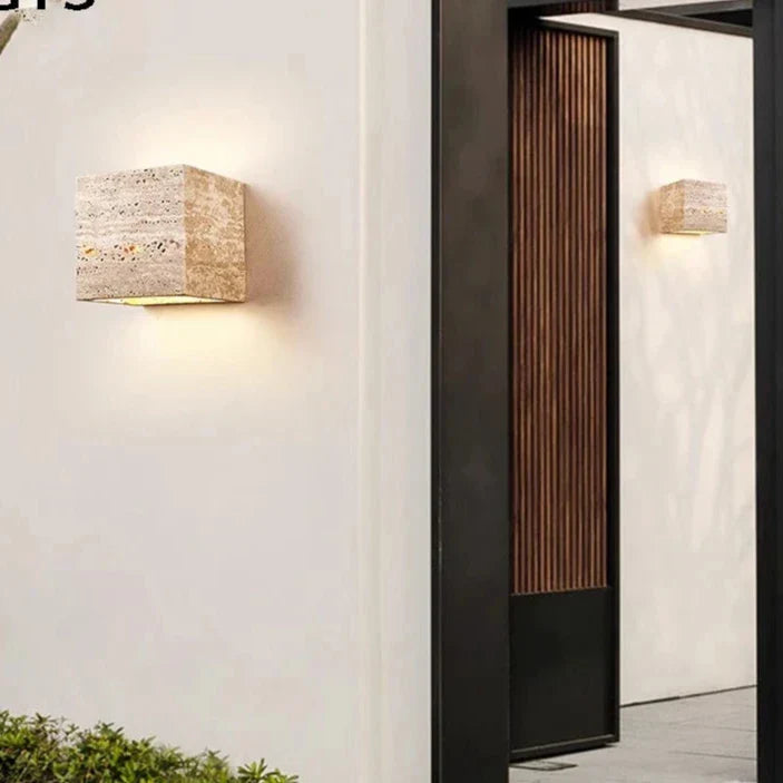Minimalist Travertine Stone Outdoor LED Wall Sconce With Natural Cave Stone Shade