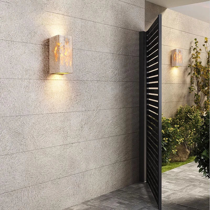 Minimalist Travertine Stone Outdoor LED Wall Sconce With Natural Cave Stone Shade