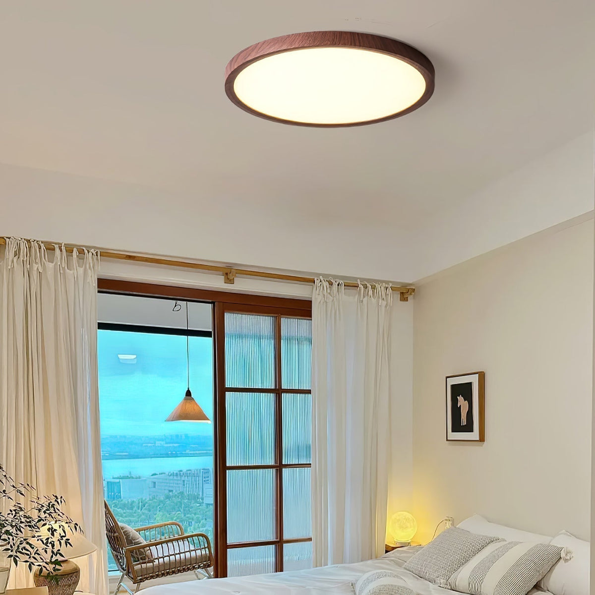 Modern Wood Flush Mount Ceiling Light With Dimmable Glow