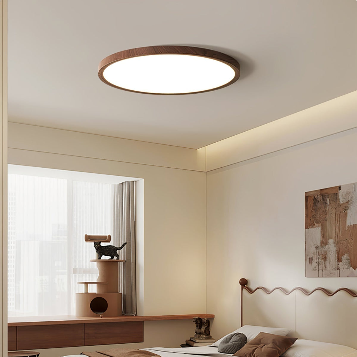 Modern Wood Flush Mount Ceiling Light With Dimmable Glow