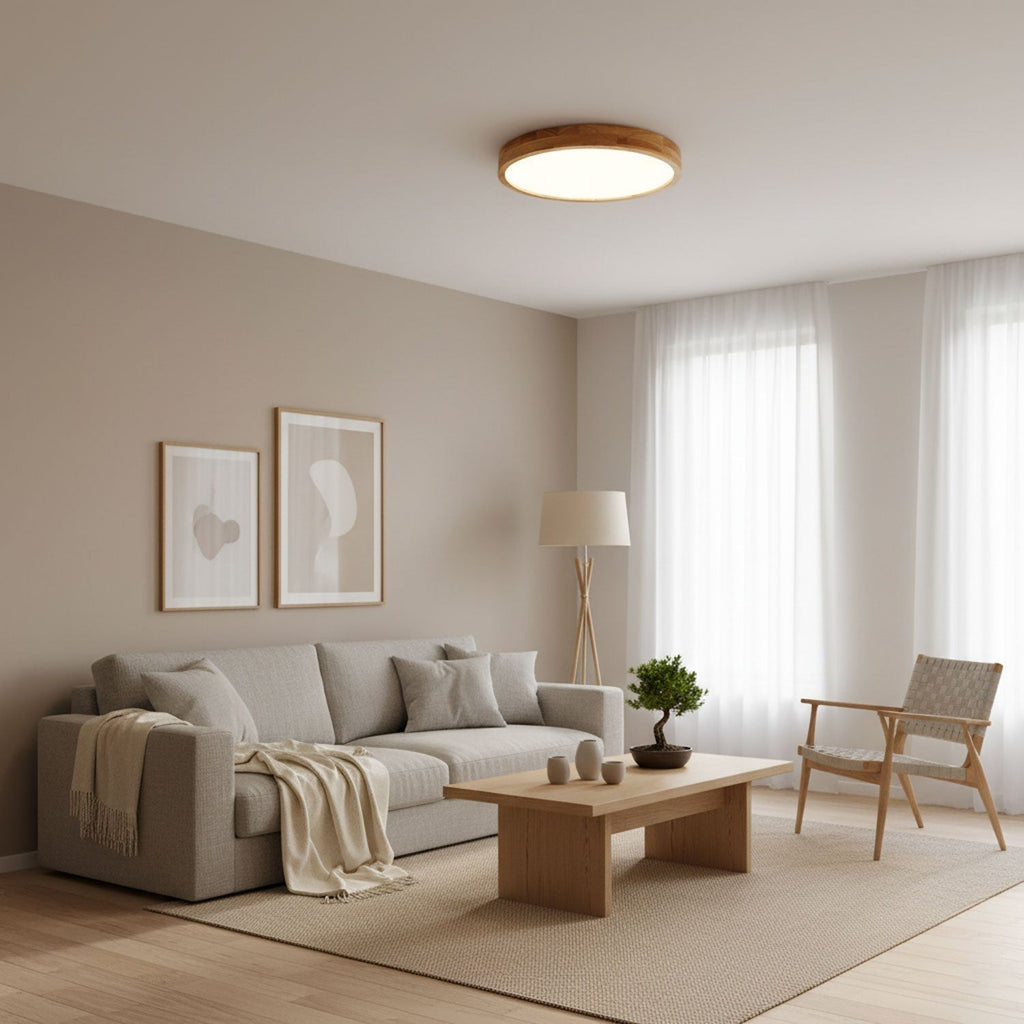 Scandinavian Wood Flush Mount Ceiling Light With Remote Dimming