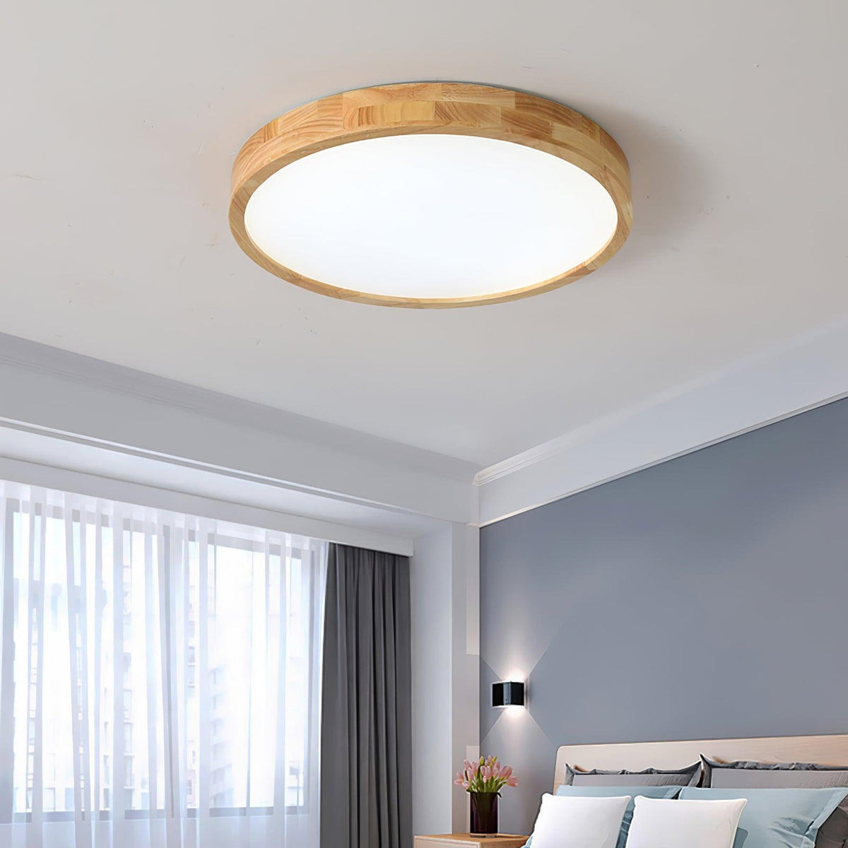 Scandinavian Wood Flush Mount Ceiling Light With Remote Dimming