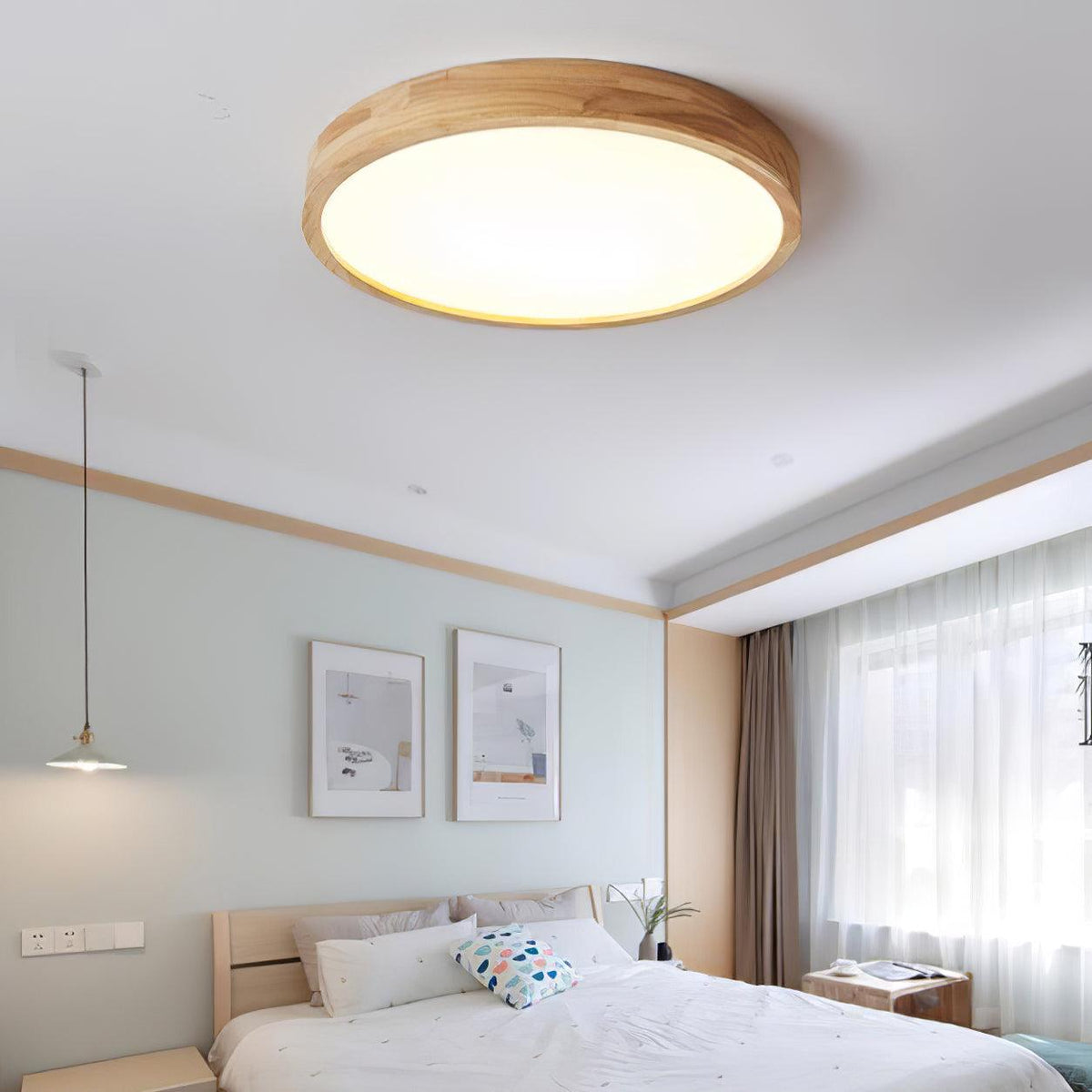 Scandinavian Wood Flush Mount Ceiling Light With Remote Dimming