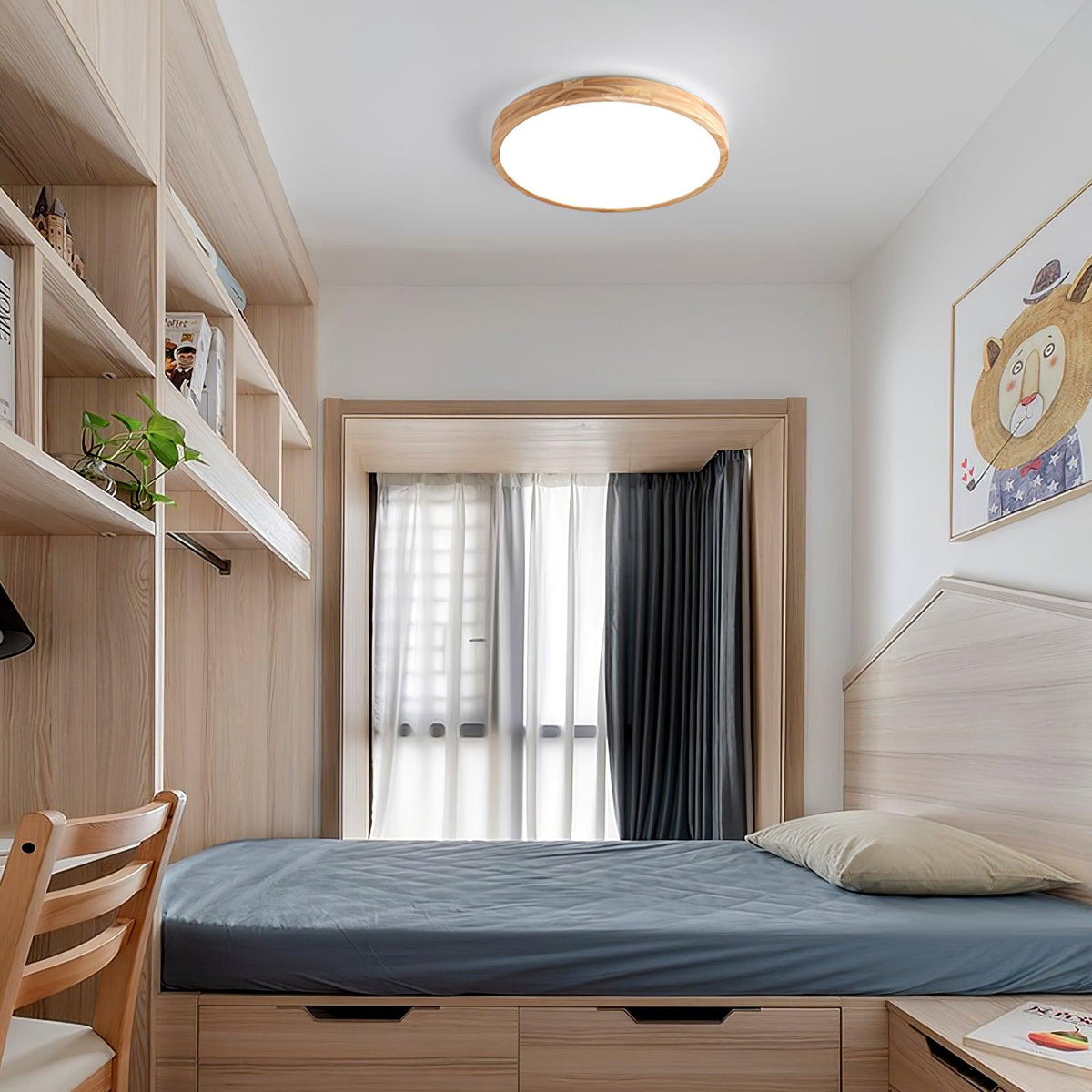 Scandinavian Wood Flush Mount Ceiling Light With Remote Dimming