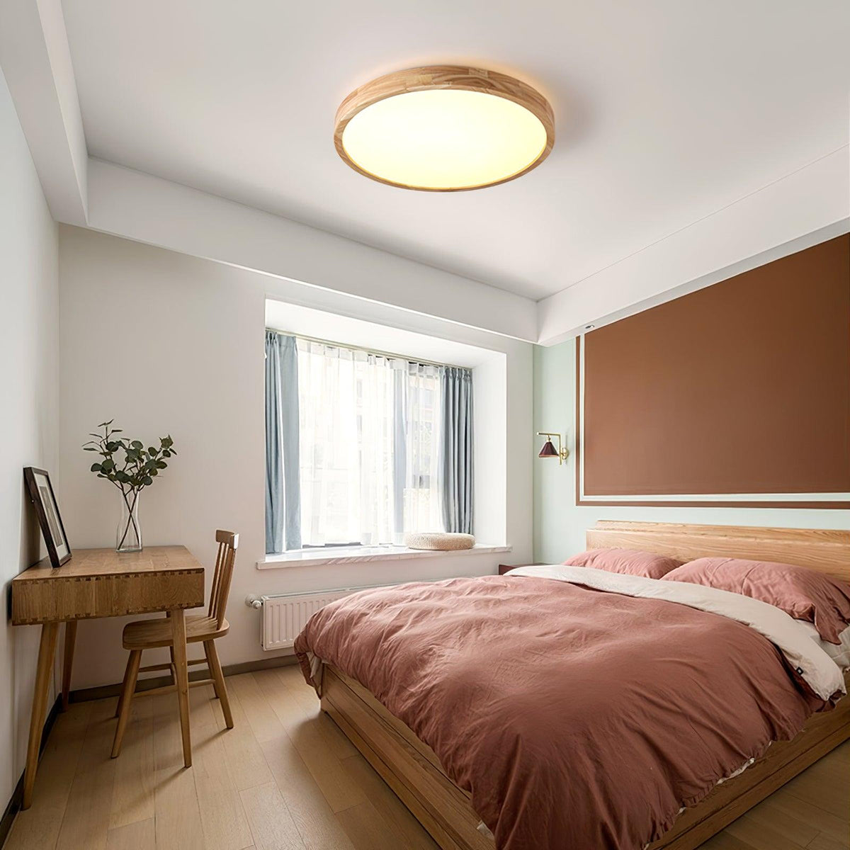 Scandinavian Wood Flush Mount Ceiling Light With Remote Dimming