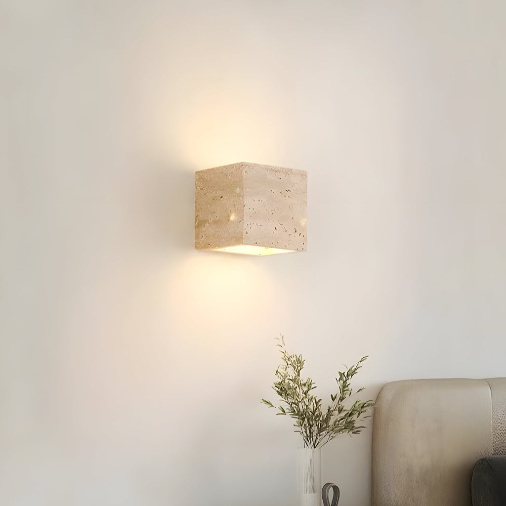 Minimalist Travertine Stone Outdoor LED Wall Sconce With Natural Cave Stone Shade