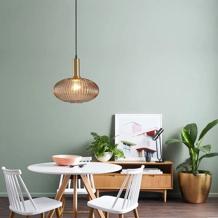 Ribbed Glass Pendant Lights With Metal Tube Fitting