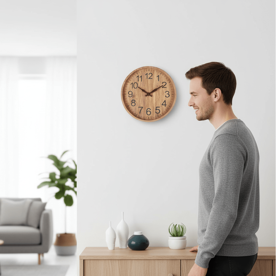 Wooden Wall Clock Silent Non-Ticking Round Wall Clock Natural Wood Look Minimalist Battery Operated Clock for Living Room | Bedroom and Office