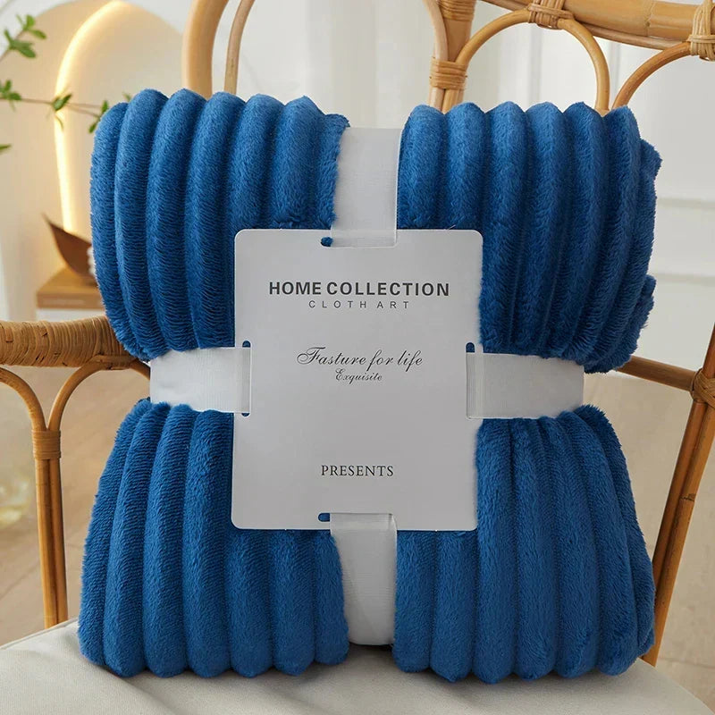 Ribbed Flannel Fleece Blanket Soft Plush Striped Throw Warm Cozy Sofa Blanket and Bedspread for Bedroom and Living Room