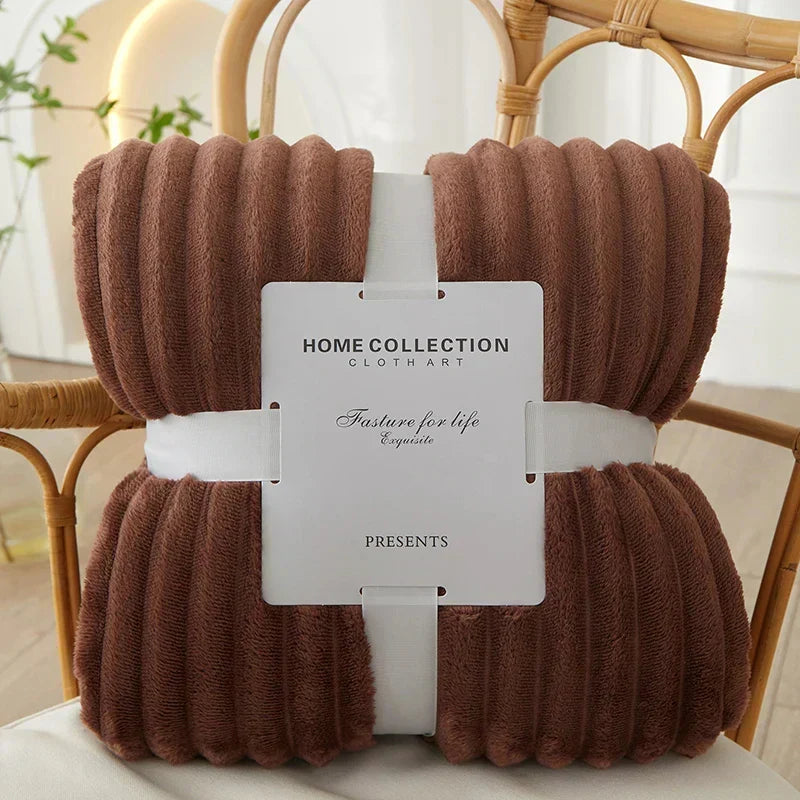 Ribbed Flannel Fleece Blanket Soft Plush Striped Throw Warm Cozy Sofa Blanket and Bedspread for Bedroom and Living Room