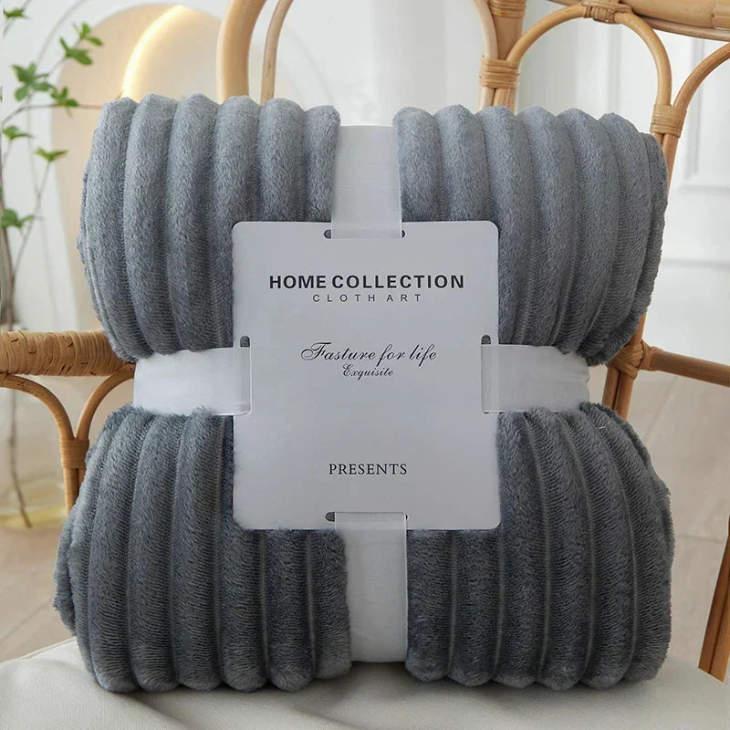 Ribbed Flannel Fleece Blanket Soft Plush Striped Throw Warm Cozy Sofa Blanket and Bedspread for Bedroom and Living Room