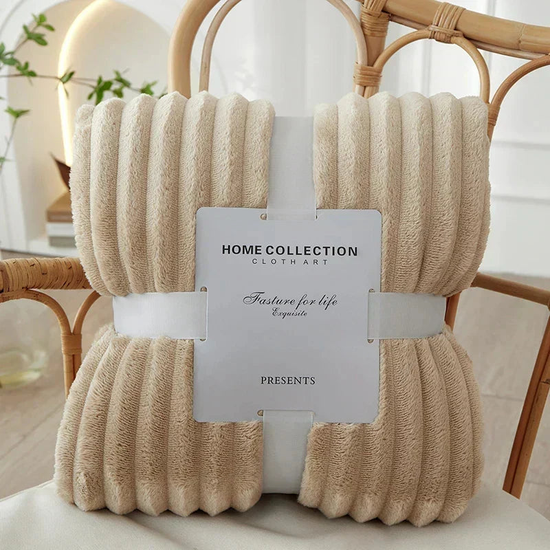 Ribbed Flannel Fleece Blanket Soft Plush Striped Throw Warm Cozy Sofa Blanket and Bedspread for Bedroom and Living Room