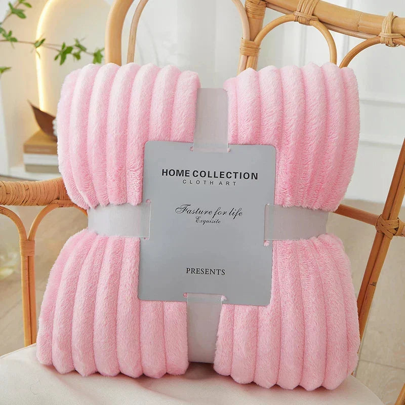 Ribbed Flannel Fleece Blanket Soft Plush Striped Throw Warm Cozy Sofa Blanket and Bedspread for Bedroom and Living Room