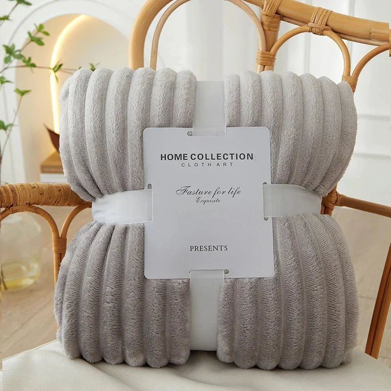 Ribbed Flannel Fleece Blanket Soft Plush Striped Throw Warm Cozy Sofa Blanket and Bedspread for Bedroom and Living Room