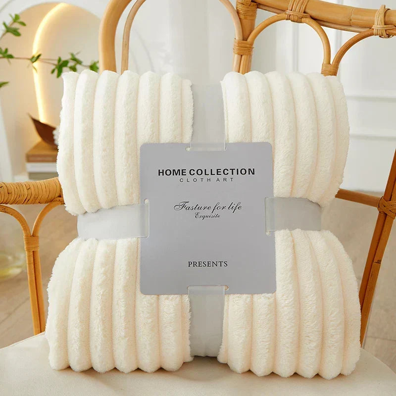 Ribbed Flannel Fleece Blanket Soft Plush Striped Throw Warm Cozy Sofa Blanket and Bedspread for Bedroom and Living Room