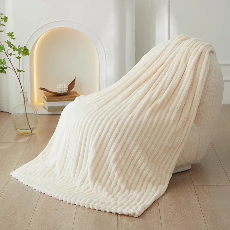 Ribbed Flannel Fleece Blanket Soft Plush Striped Throw Warm Cozy Sofa Blanket and Bedspread for Bedroom and Living Room