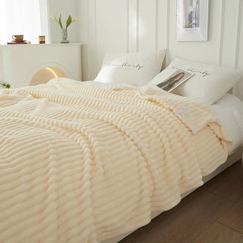 Ribbed Flannel Fleece Blanket Soft Plush Striped Throw Warm Cozy Sofa Blanket and Bedspread for Bedroom and Living Room
