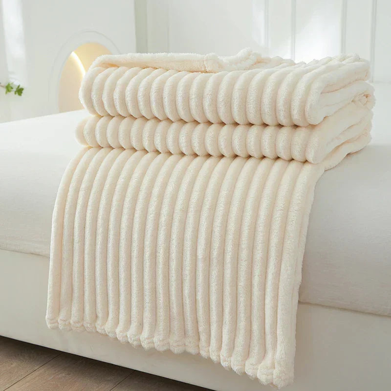 Ribbed Flannel Fleece Blanket Soft Plush Striped Throw Warm Cozy Sofa Blanket and Bedspread for Bedroom and Living Room